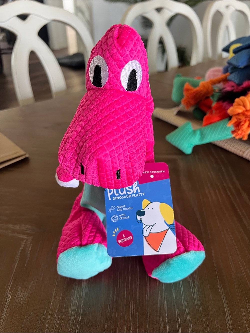 Plush Dinosaur Flatty Dog Toy – Hot Pink with Mint Accents